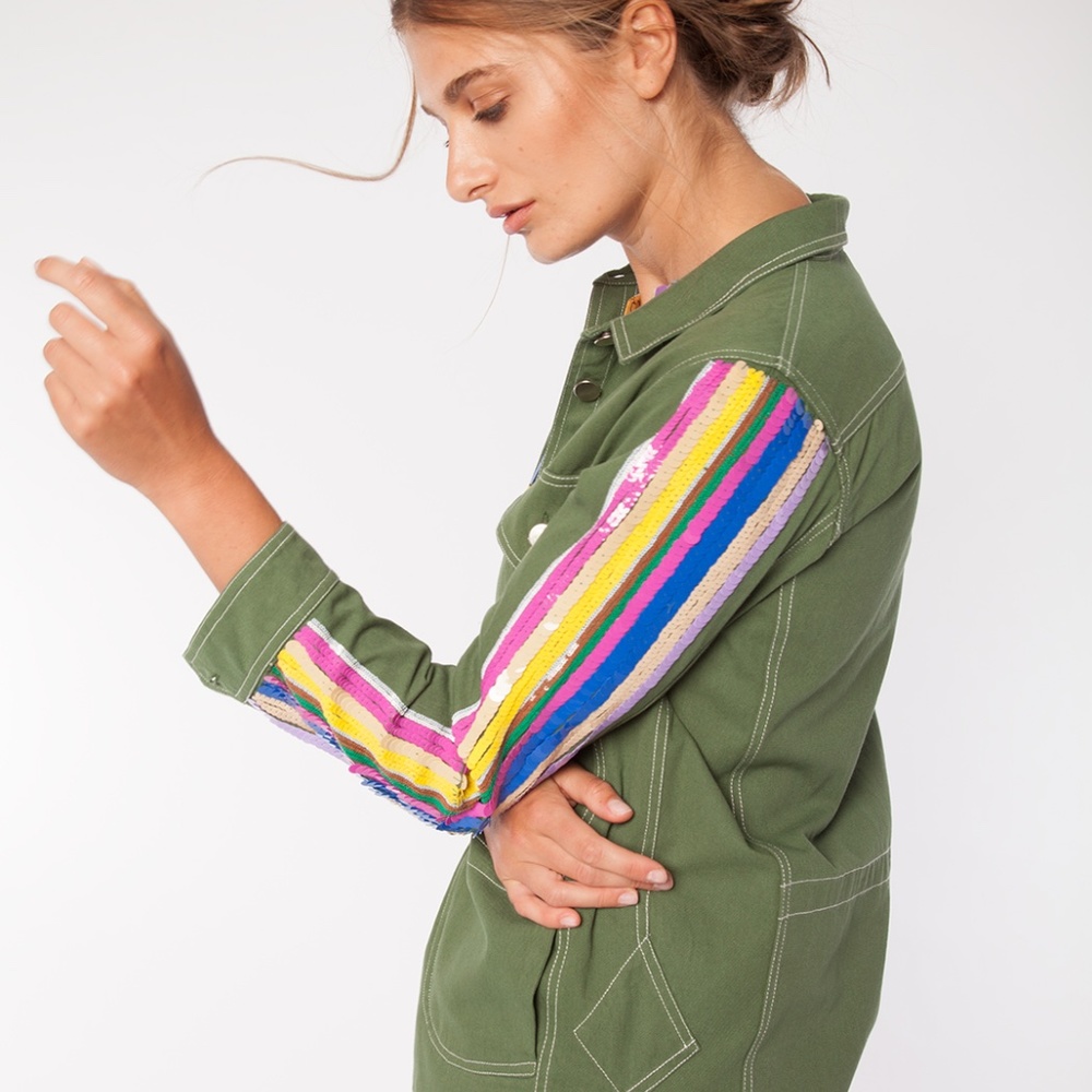 Green Denim w Colorful Sequins Silver Buttons Shirt Jacket